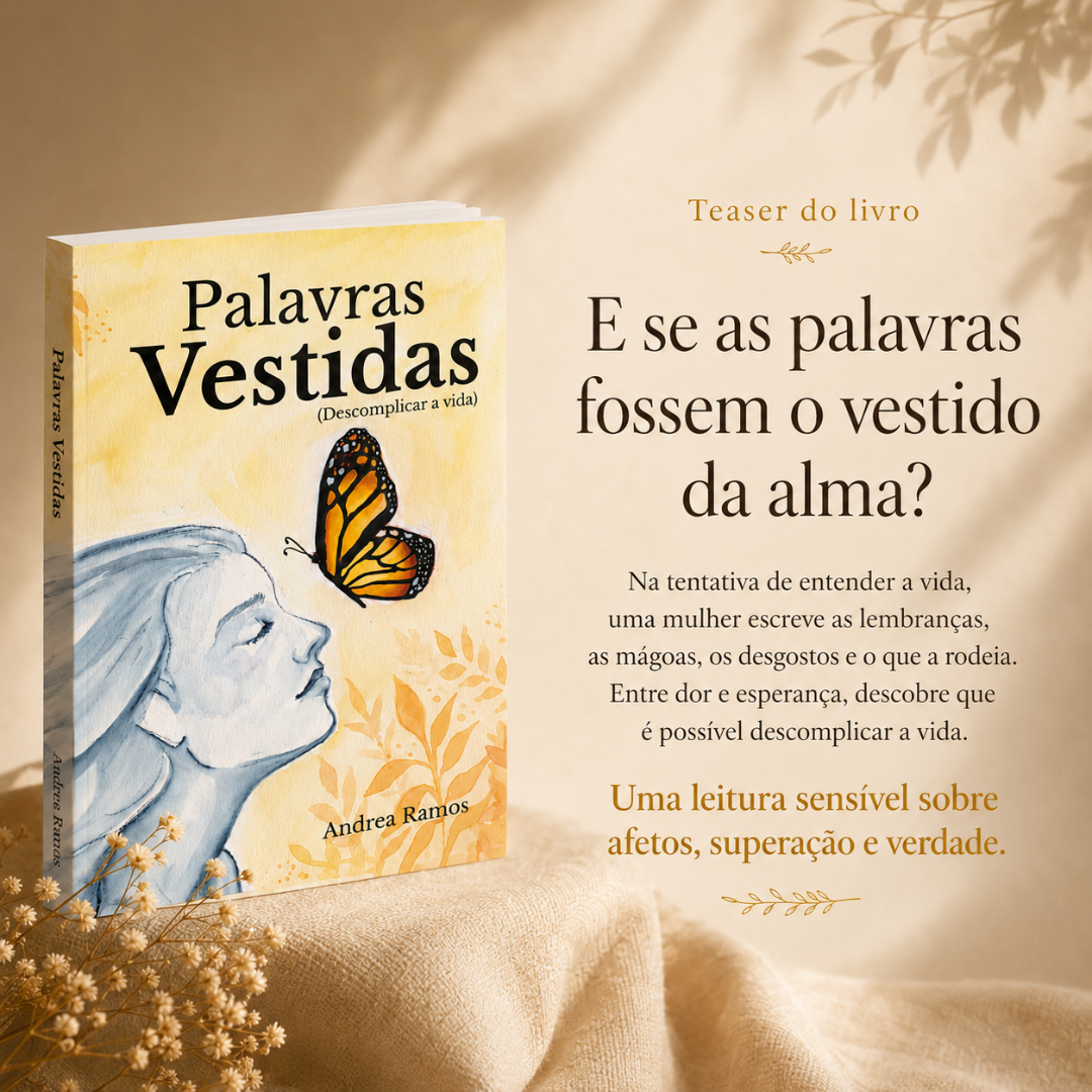Capa do livro Palavras Vestidas com rosto feminino e borboleta laranja sobre fundo amarelo