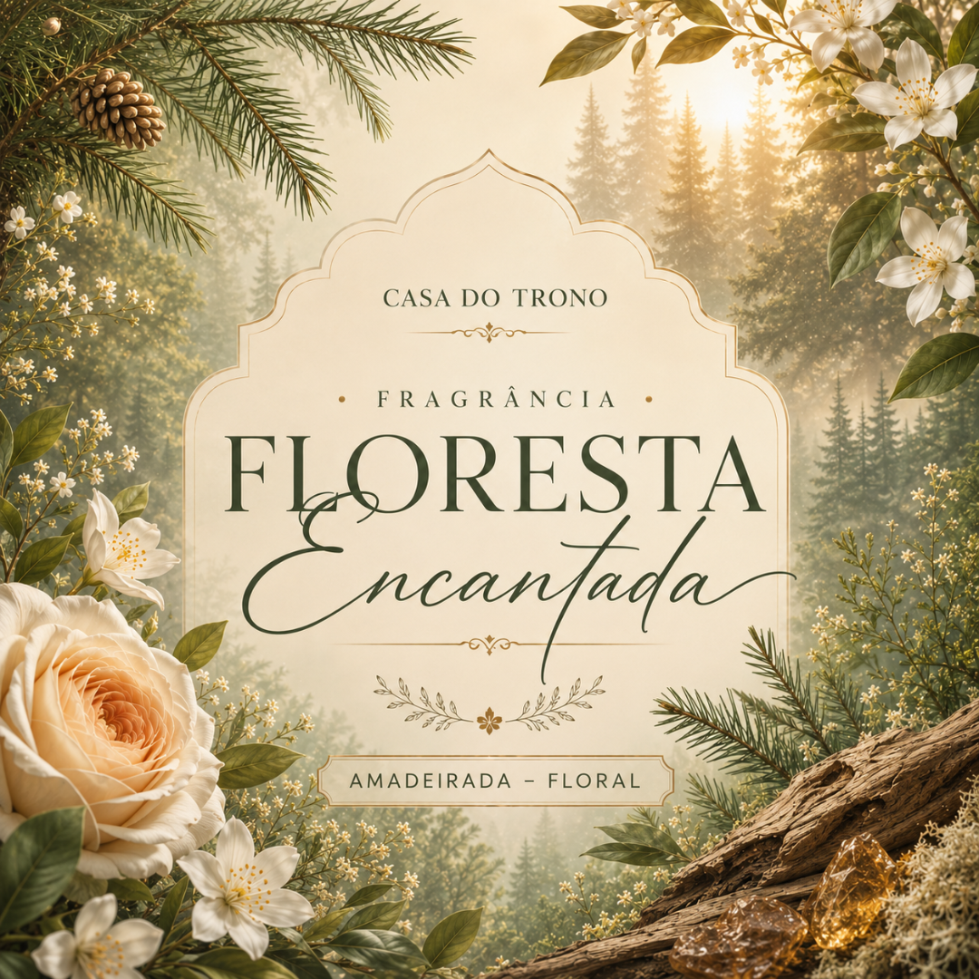 Título de fragrância Floresta Encantada com tema floral e madeira natural