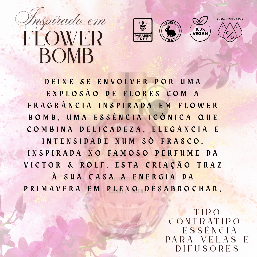 Imagem promocional essência para velas e difusores Flower Bomb com fundo rosa e símbolos de qualidades do produto