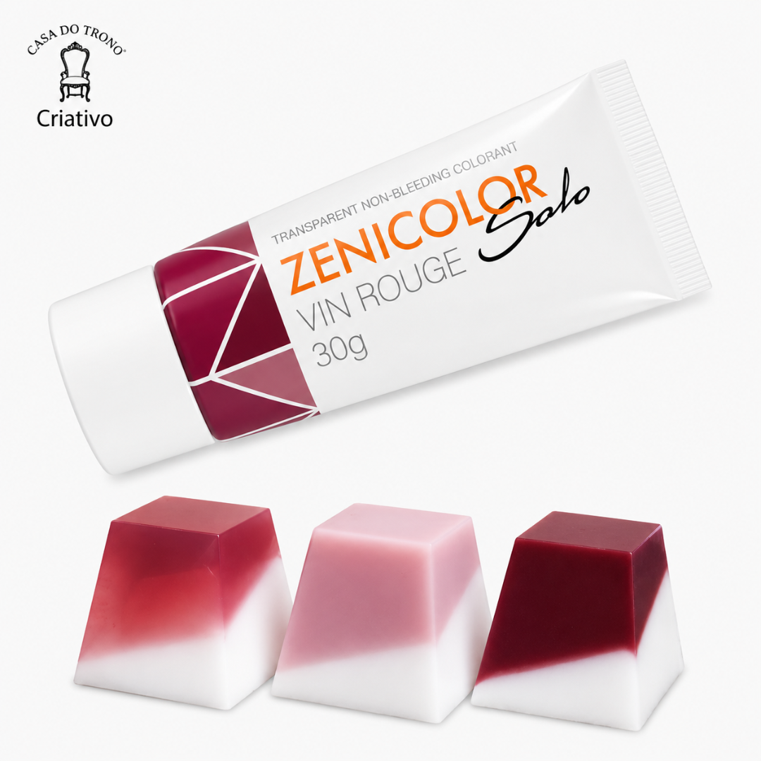 Tubo de corante transparente ZENICOLOR Solo VIN ROUGE 30g com três blocos prismáticos cor de vinho em degradê