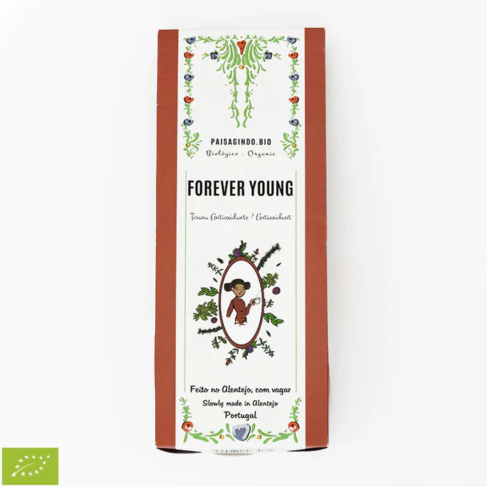 Embalagem de produto orgânico FOREVER YOUNG com ilustração e texto informativo