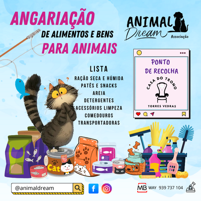 Cartaz angariação Animal Dream com lista de bens para animais e desenho de gato com produtos