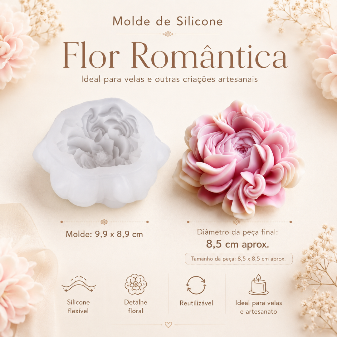 Molde de silicone branco e peça em forma de flor rosa, com texto informativo e fundo decorativo claro.