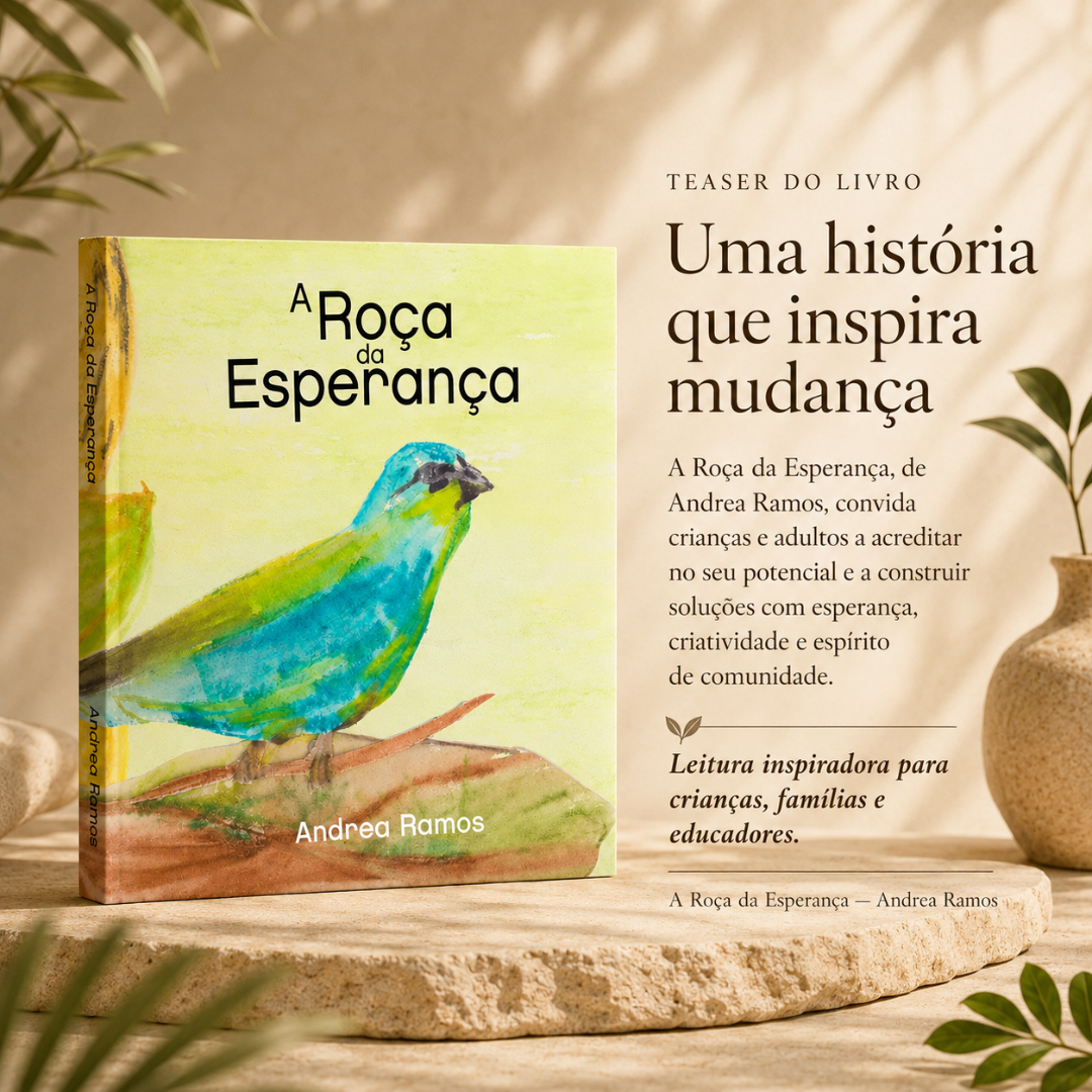 Capa do livro A Roça da Esperança com pássaro azul e verde, texto promocional ao lado em fundo bege ao ar livre