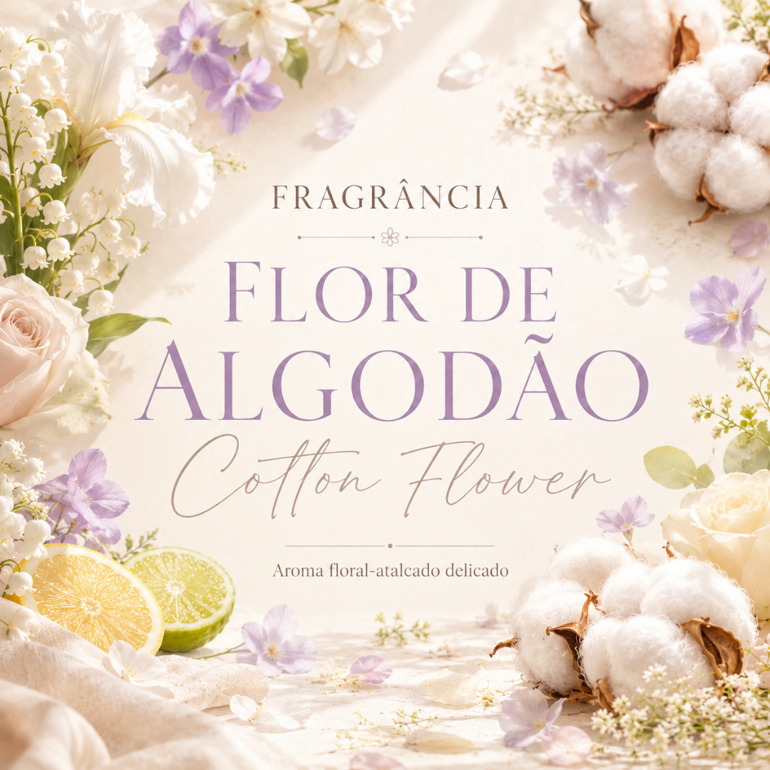 Promoção de fragrância Flor de Algodão com flores e algodão natural ao fundo