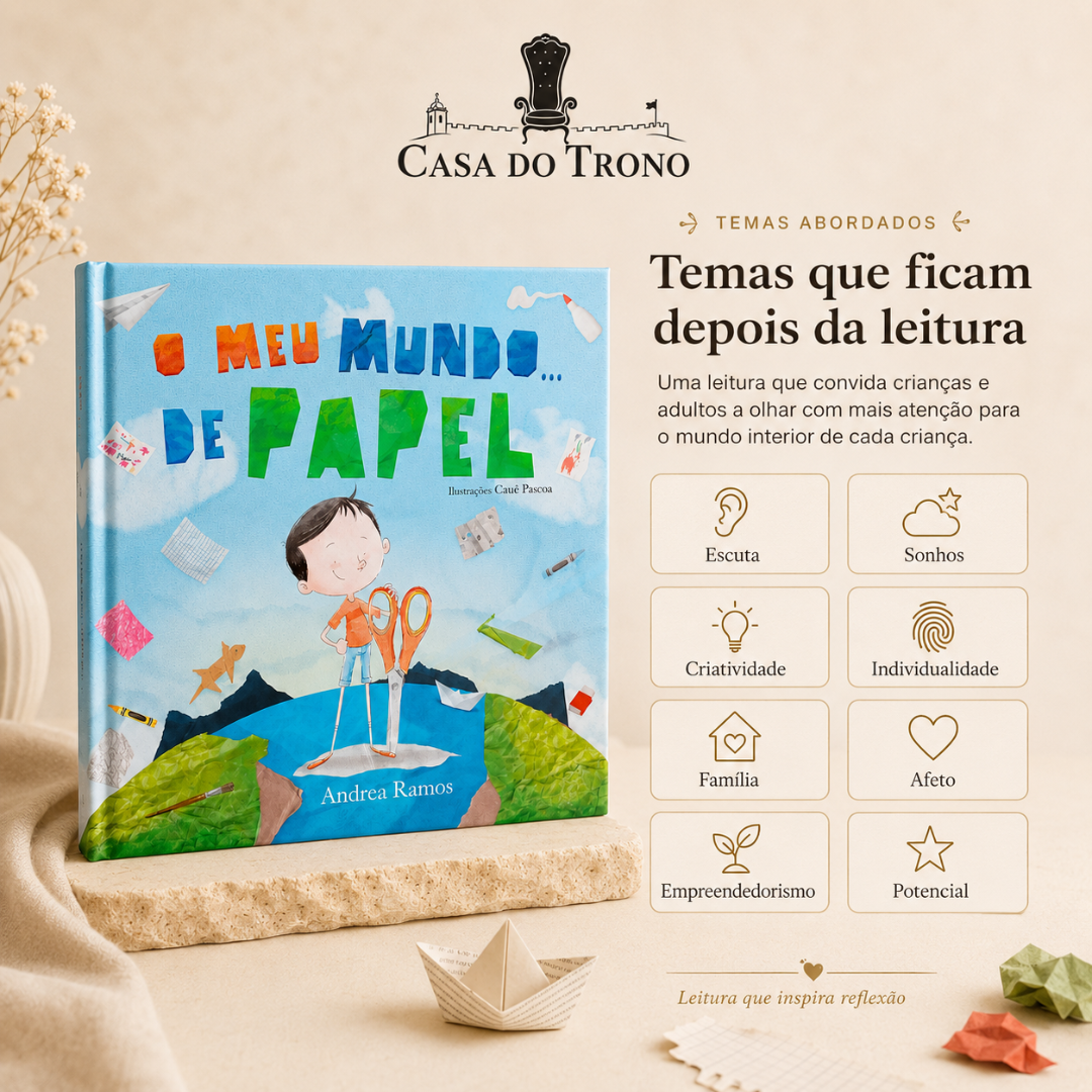 Livro infantil O Meu Mundo de Papel com capa ilustrada e ambiente bege com elementos de papel