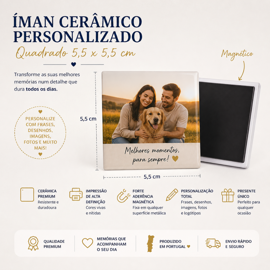 Íman cerâmico personalizado quadrado 5,5 x 5,5 cm com foto de casal e cão, verso magnético e descrição do produto