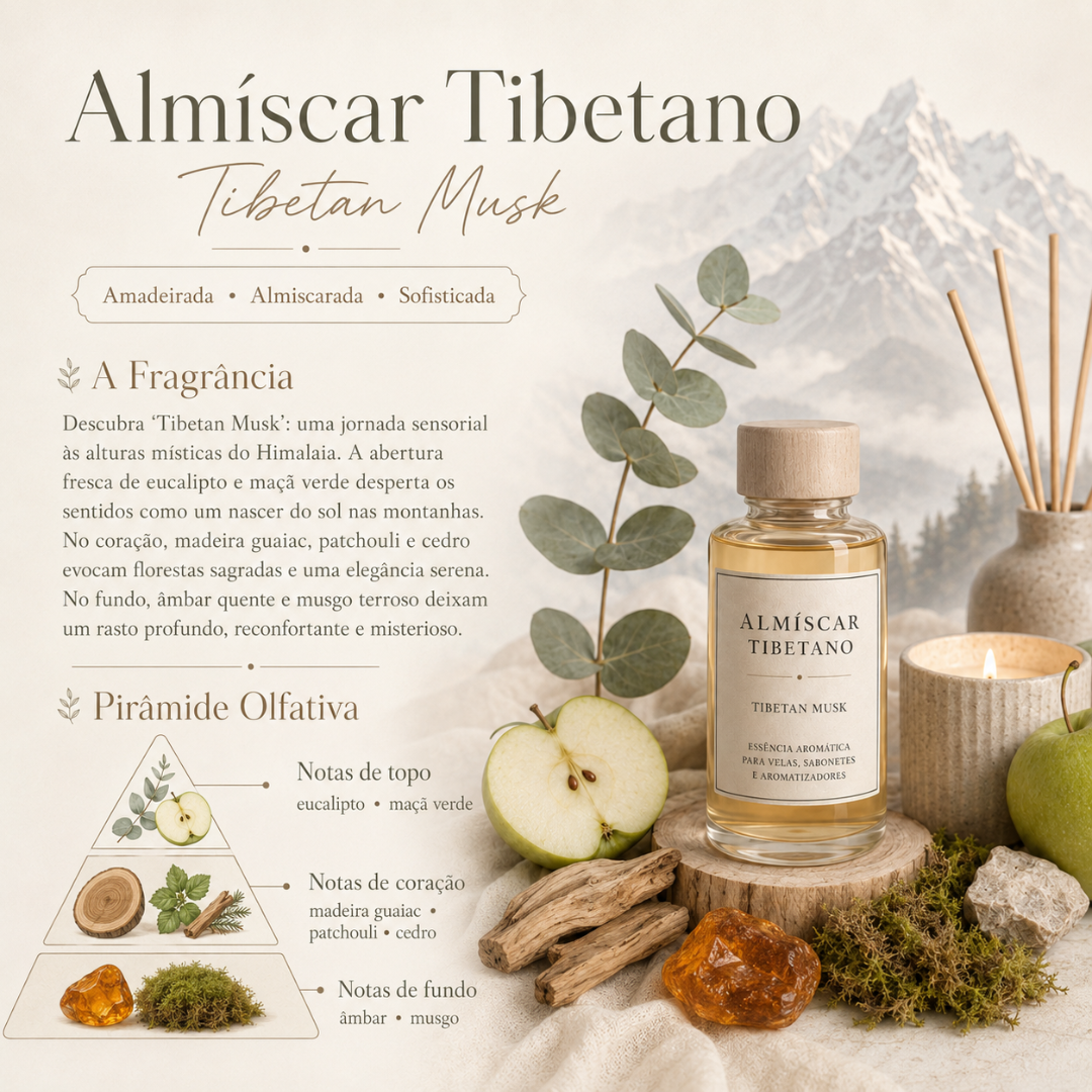 Frasco de essência aromática Almíscar Tibetano com elementos naturais e vela acesa em fundo de montanhas