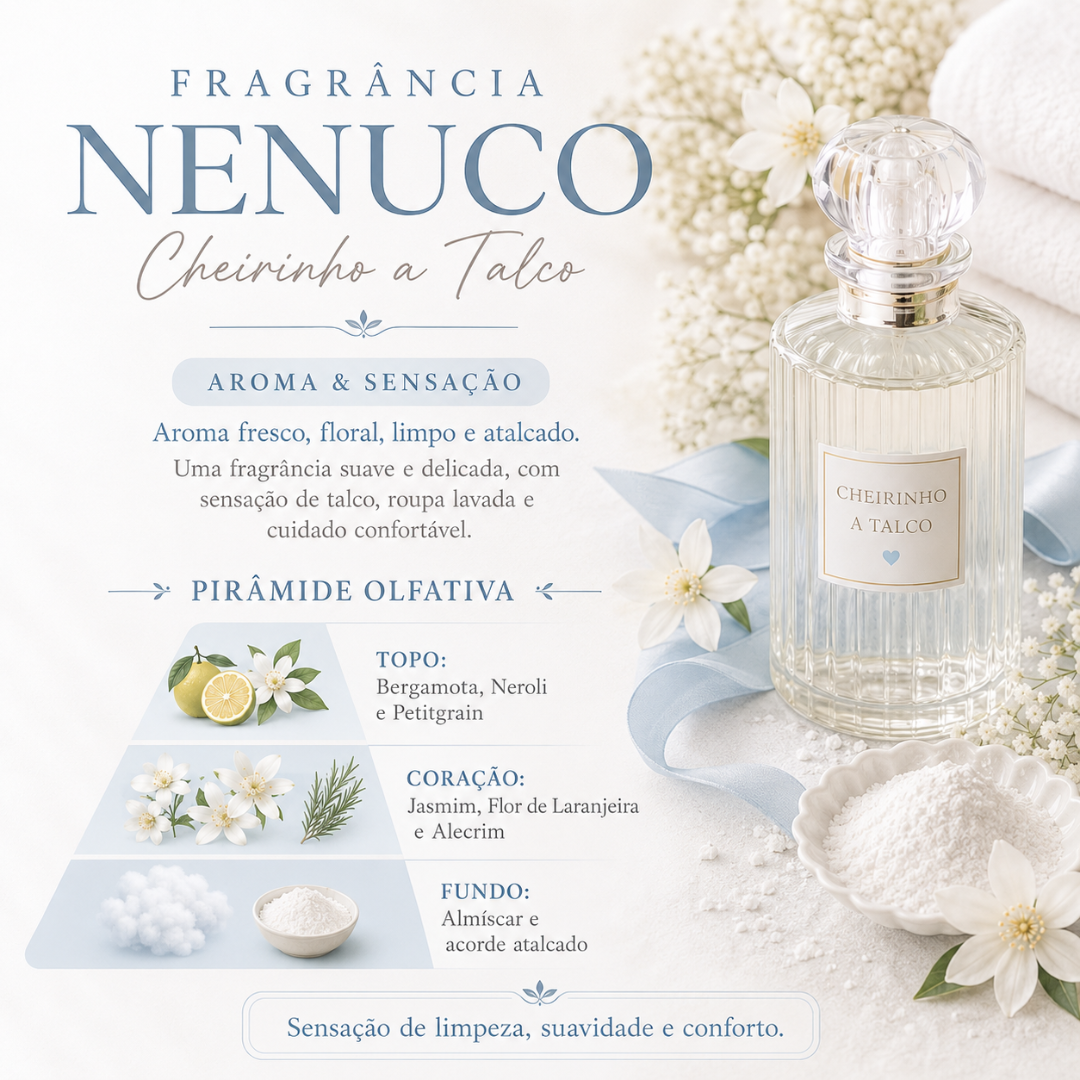 Fragrância Nenuco Cheirinho a Talco em frasco de vidro com flores e pó branco