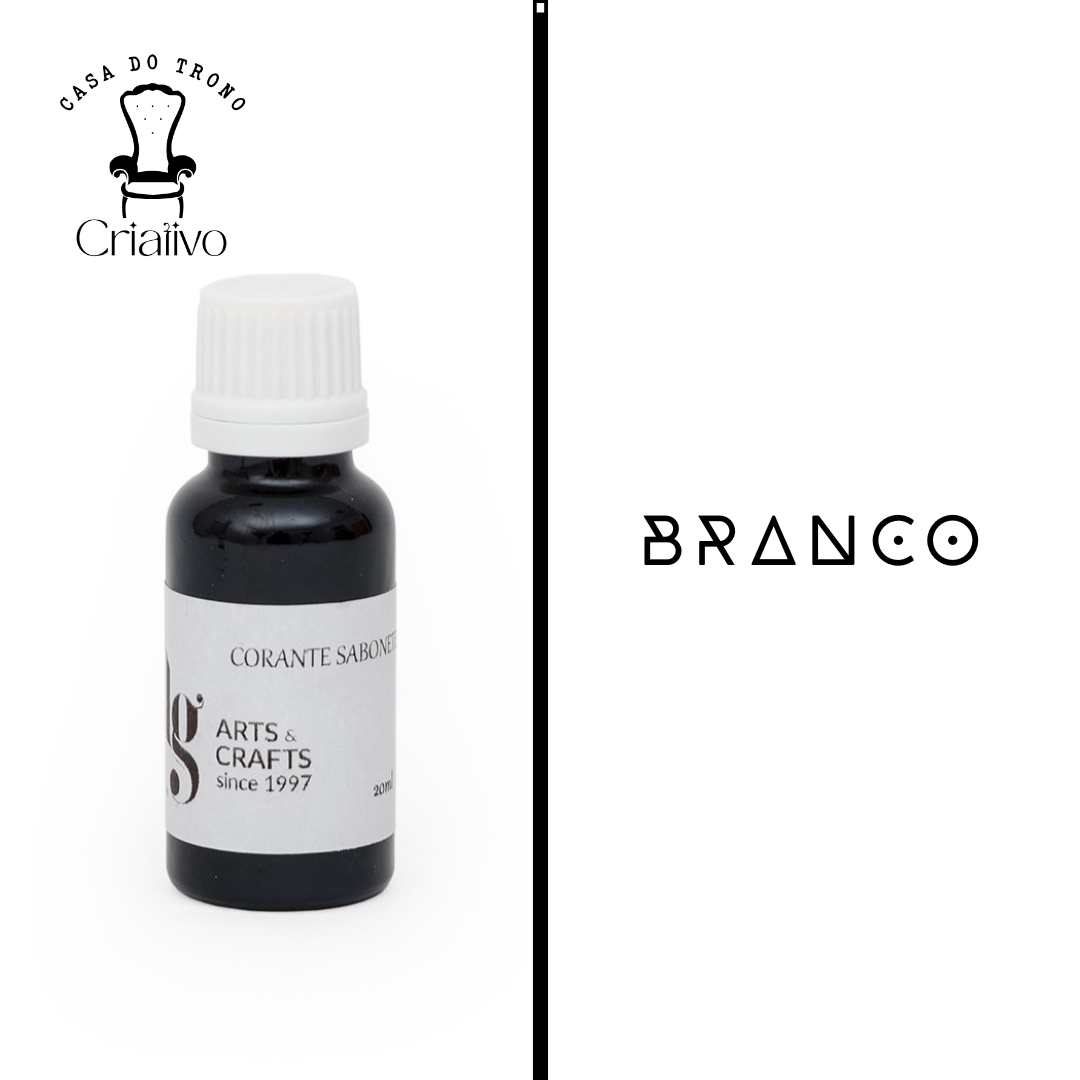 Frasco de corante para sabonetes com tampa branca e rótulo branco