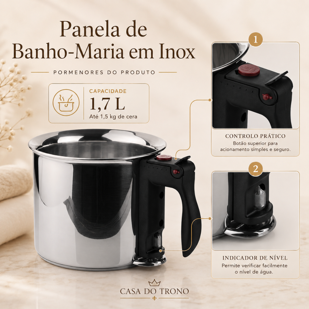 Panela de banho-maria inox com alça preta e botões vermelhos