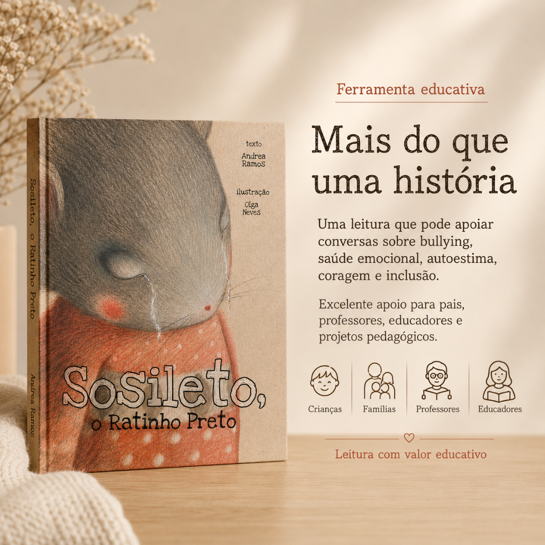 Capa do livro infantil Sosileto, o Ratinho Preto com ilustração de rato cinzento a chorar com camisola vermelha de pontos brancos, texto promocional em português ao lado.