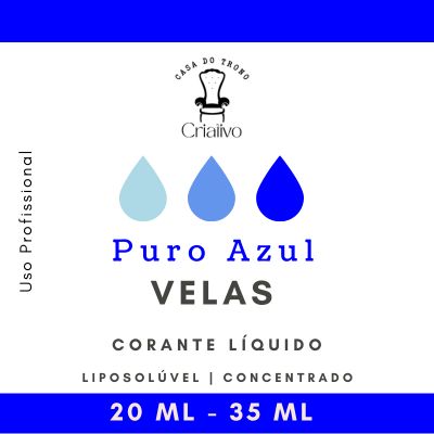 Etiqueta de corante líquido para velas Puro Azul com gotas azuis e texto em português