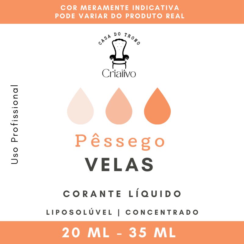 Rótulo de corante líquido para velas, sabor pêssego, com texto e indicação de volume em fundo branco e laranja