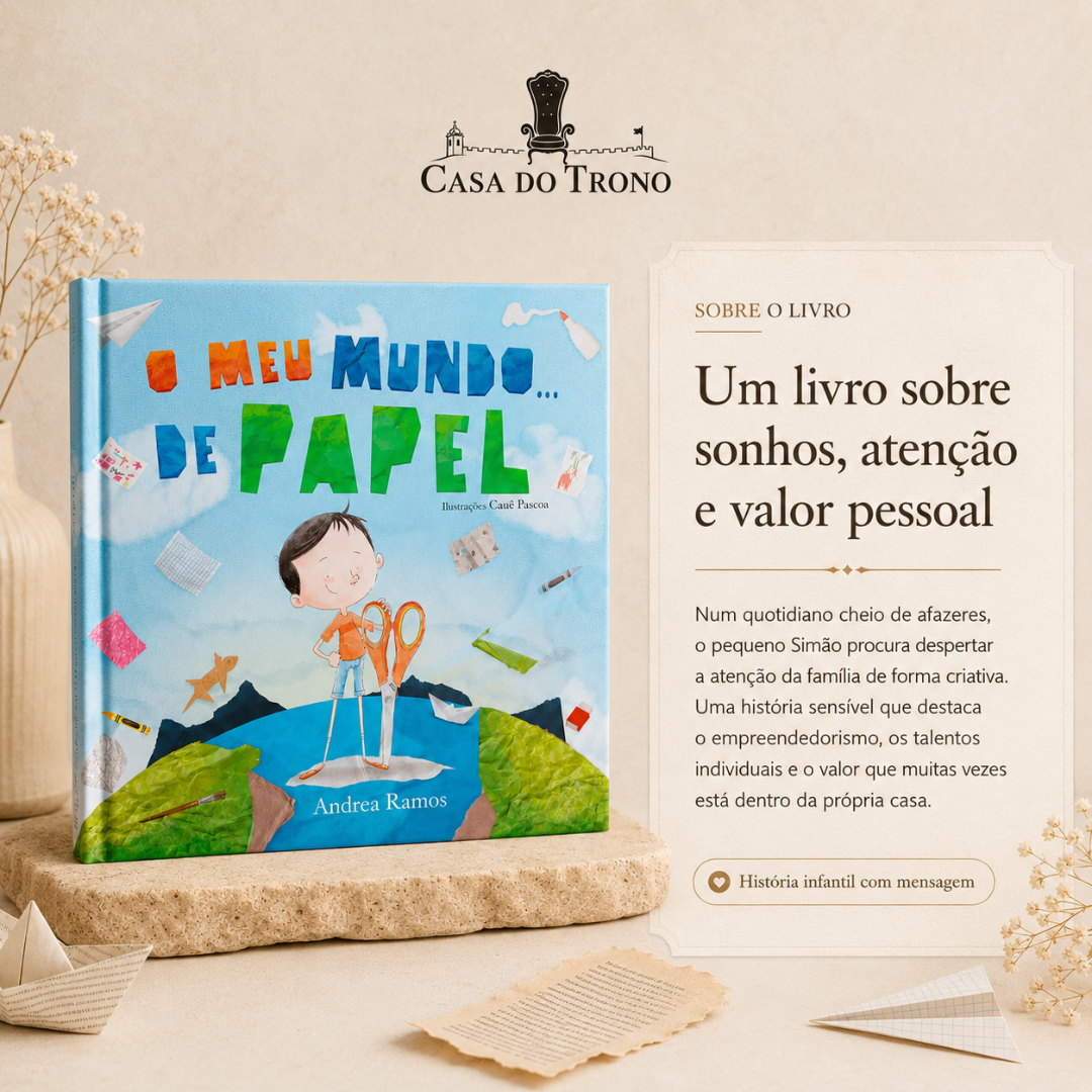 Livro infantil O Meu Mundo de Papel com ilustrações e elementos de papel em fundo neutro e texto explicativo ao lado.