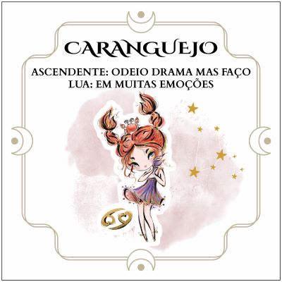 Ilustração com texto sobre signo Caranguejo, personagem feminina e estrelas douradas em fundo rosa