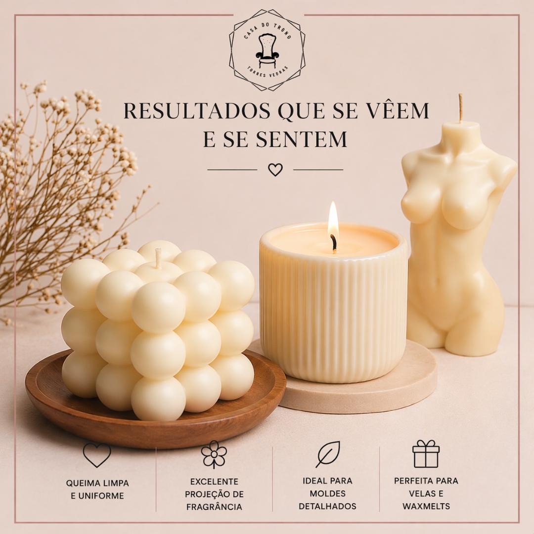 Velas creme em formas criativas exibidas com texto promocional em português.