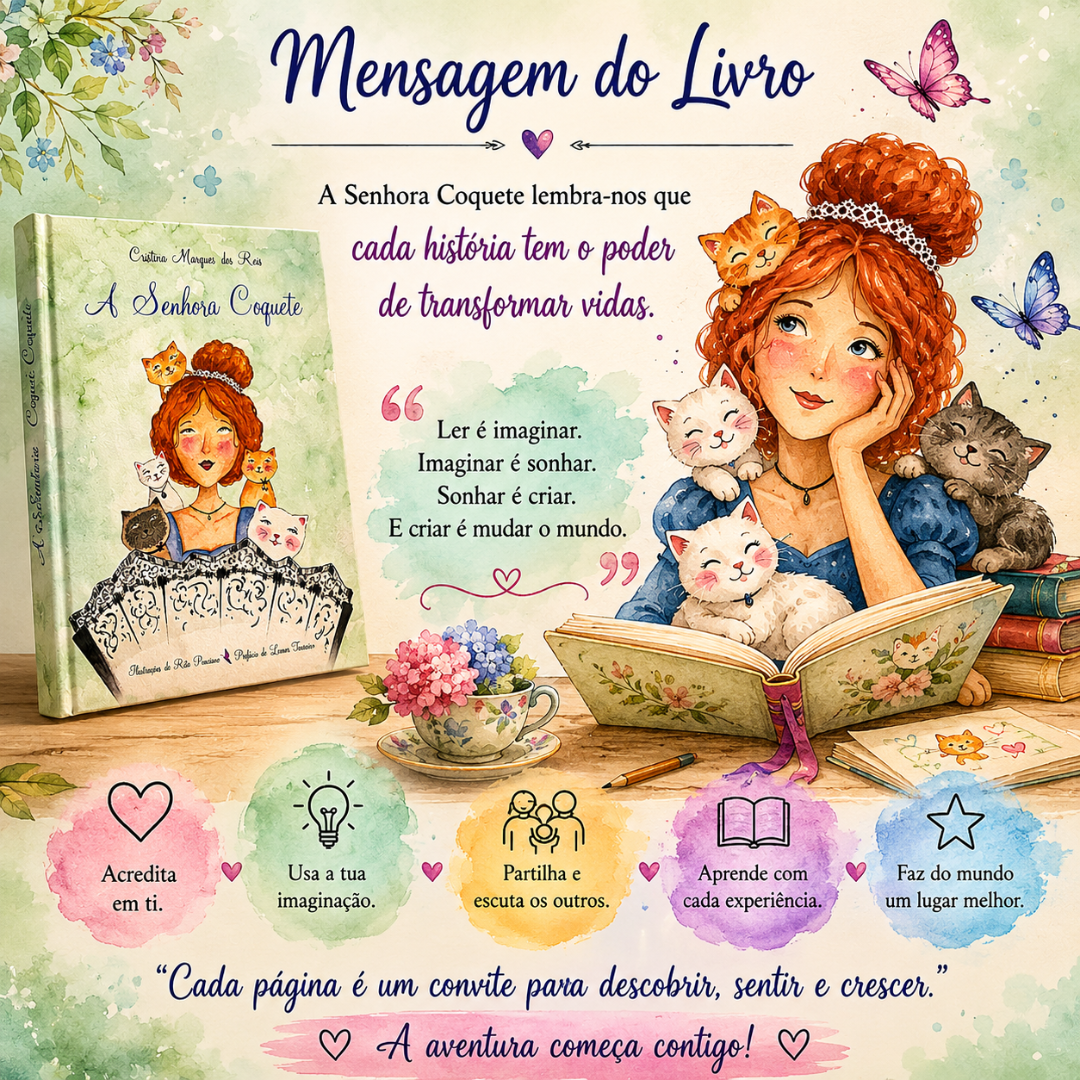 Livro A Senhora Coquete com ilustrações de mulher ruiva e gatos, texto em português e elementos decorativos florais e coloridos.