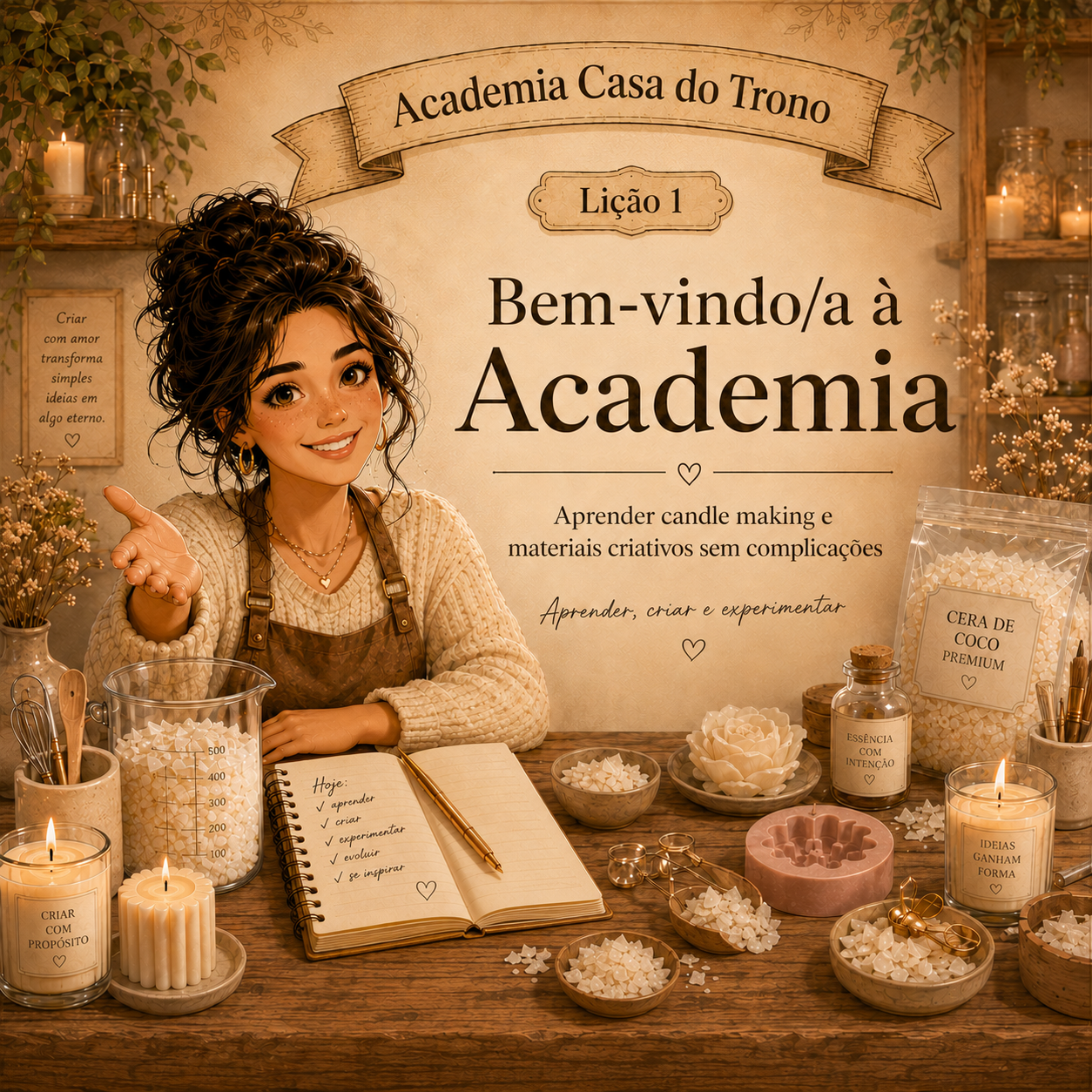 Li&ccedil;&atilde;o 1 da Academia Casa do Trono sobre candle making e materiais criativos para iniciantes