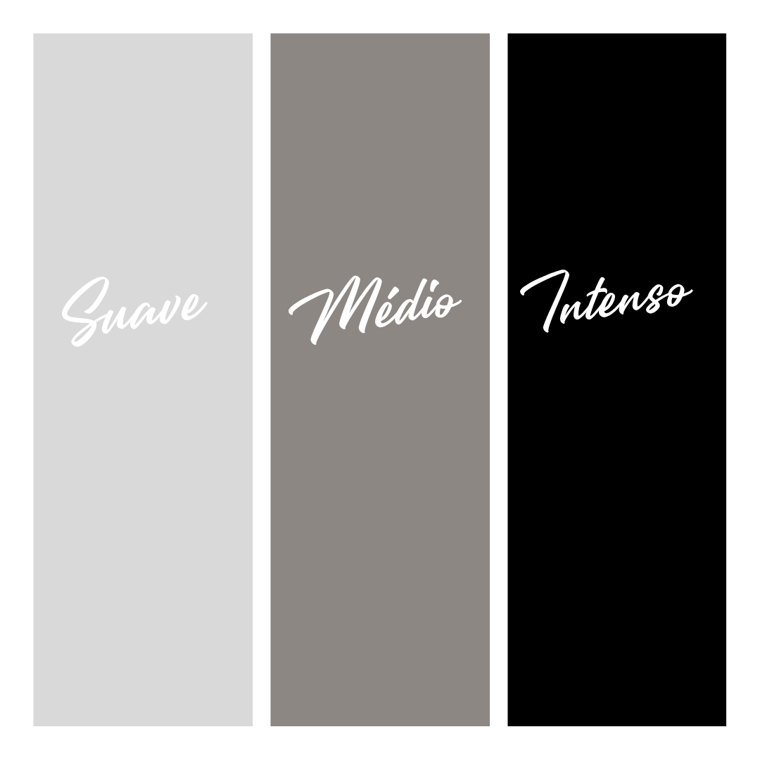 Três painéis verticais com as palavras Suave, Médio e Intenso em branco sobre fundo cinza claro, cinza e preto