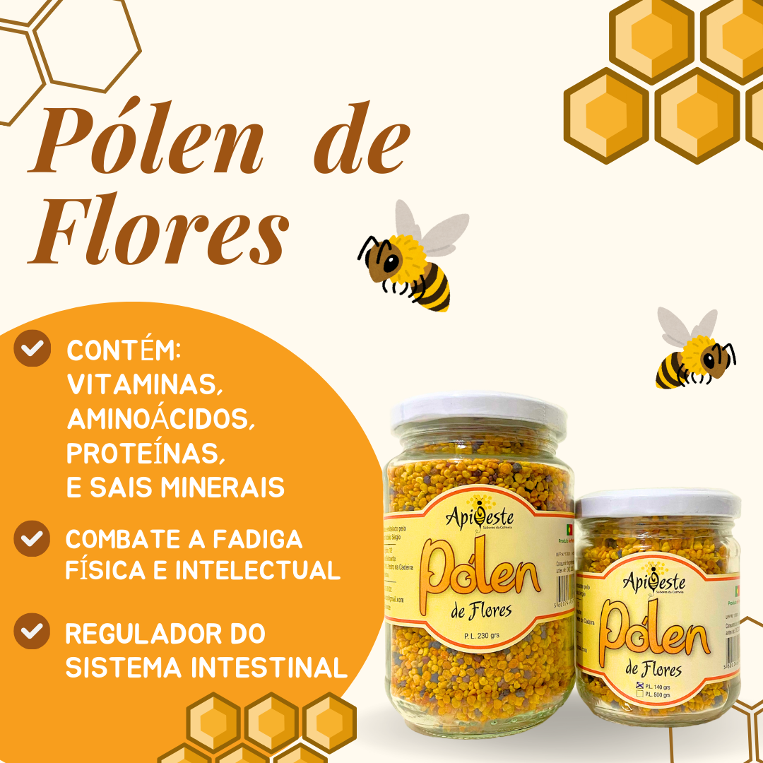 Frascos de pólen de flores com rótulos amarelos e ilustrações de abelhas e colmeias.