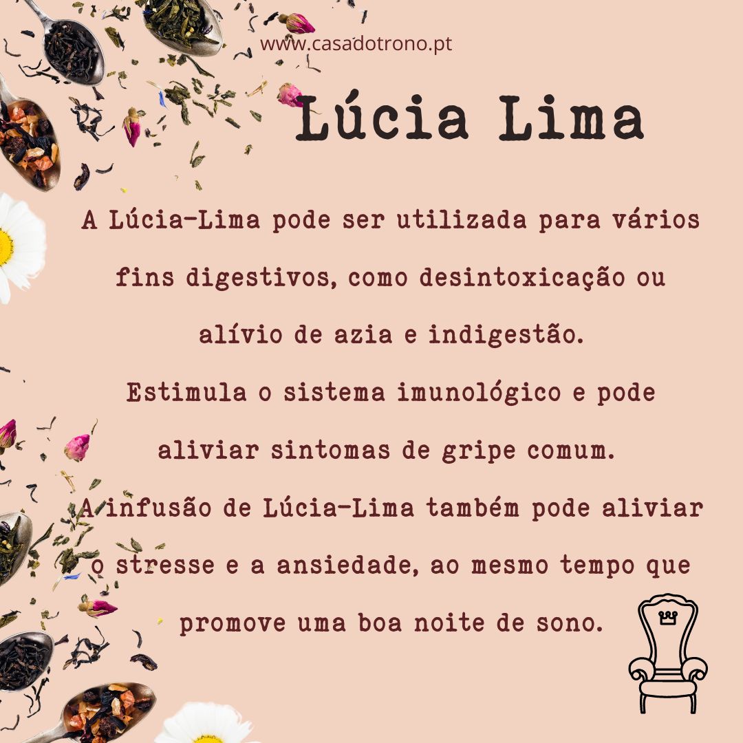 Imagem com texto promocional sobre Lúcia Lima mostrando flores, folhas e URL www.casadotrono.pt
