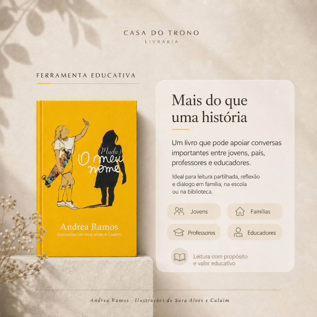 Livro educacional amarelo intitulado (Muda) O meu nome sobre suporte branco com texto promocional em português.
