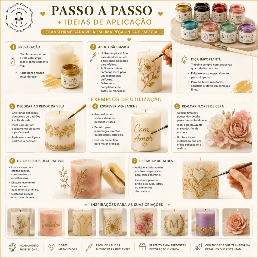 Instruções passo a passo para decorar velas com tinta metálica da Casa do Tronco e exemplos de velas decoradas com padrões e mensagens em português.
