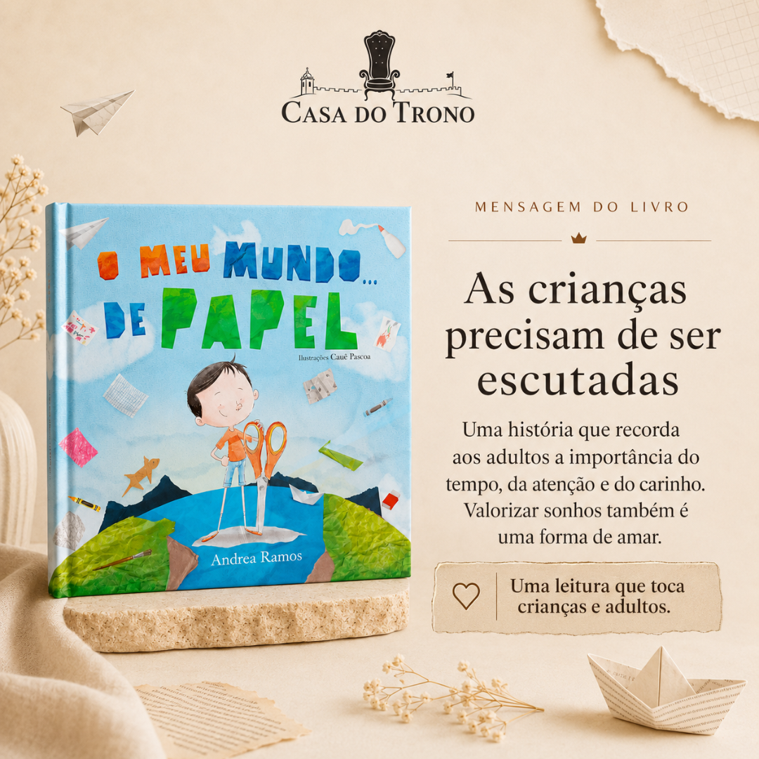 Capa do livro infantil O Meu Mundo de Papel com ilustração colorida de um menino e texto em cores diversas.