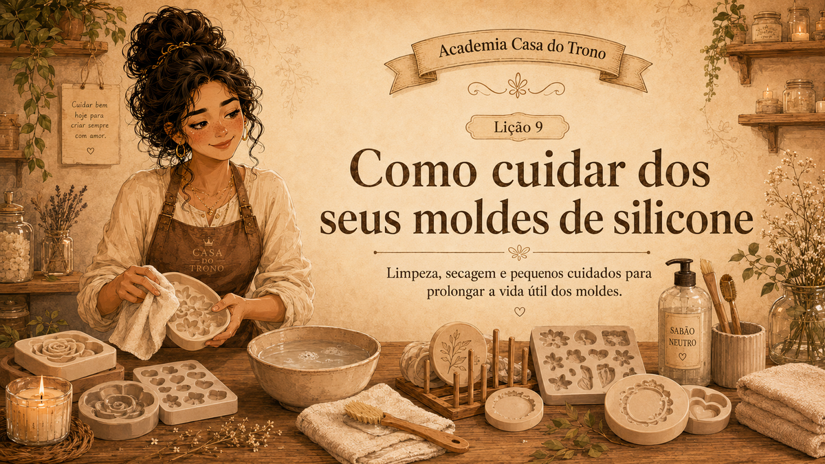 Mulher a limpar moldes de silicone numa mesa com vários utensílios e texto instrutivo em fundo bege