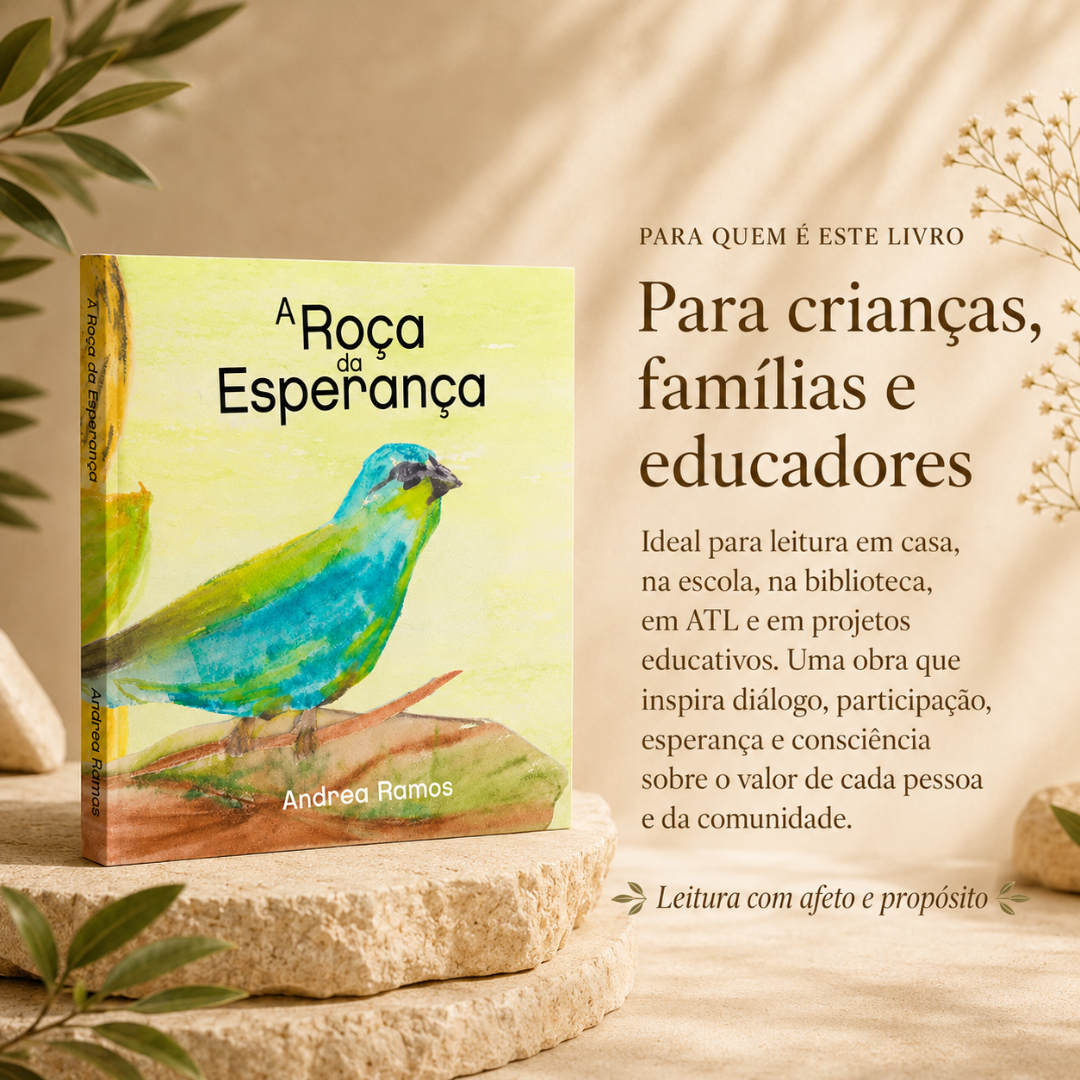 Livro infantil A Roça da Esperança com ilustração de pássaro azul sobre ramos, exposto sobre pedra em ambiente natural com texto ao lado.