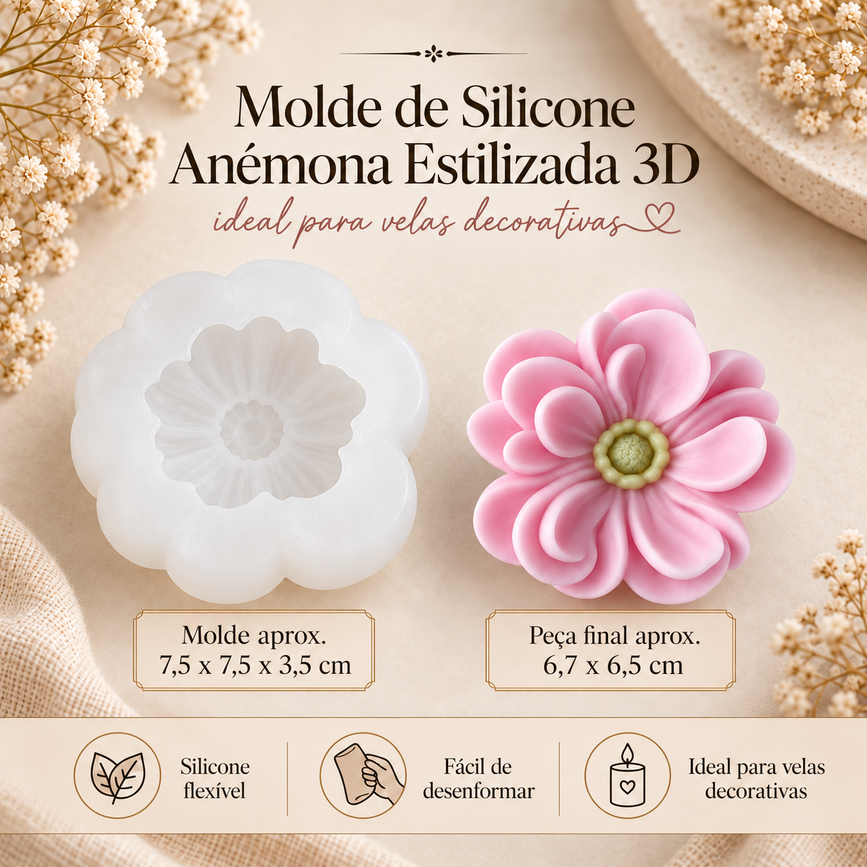 Molde de silicone branco em forma de flor com peça rosa final para velas decorativas