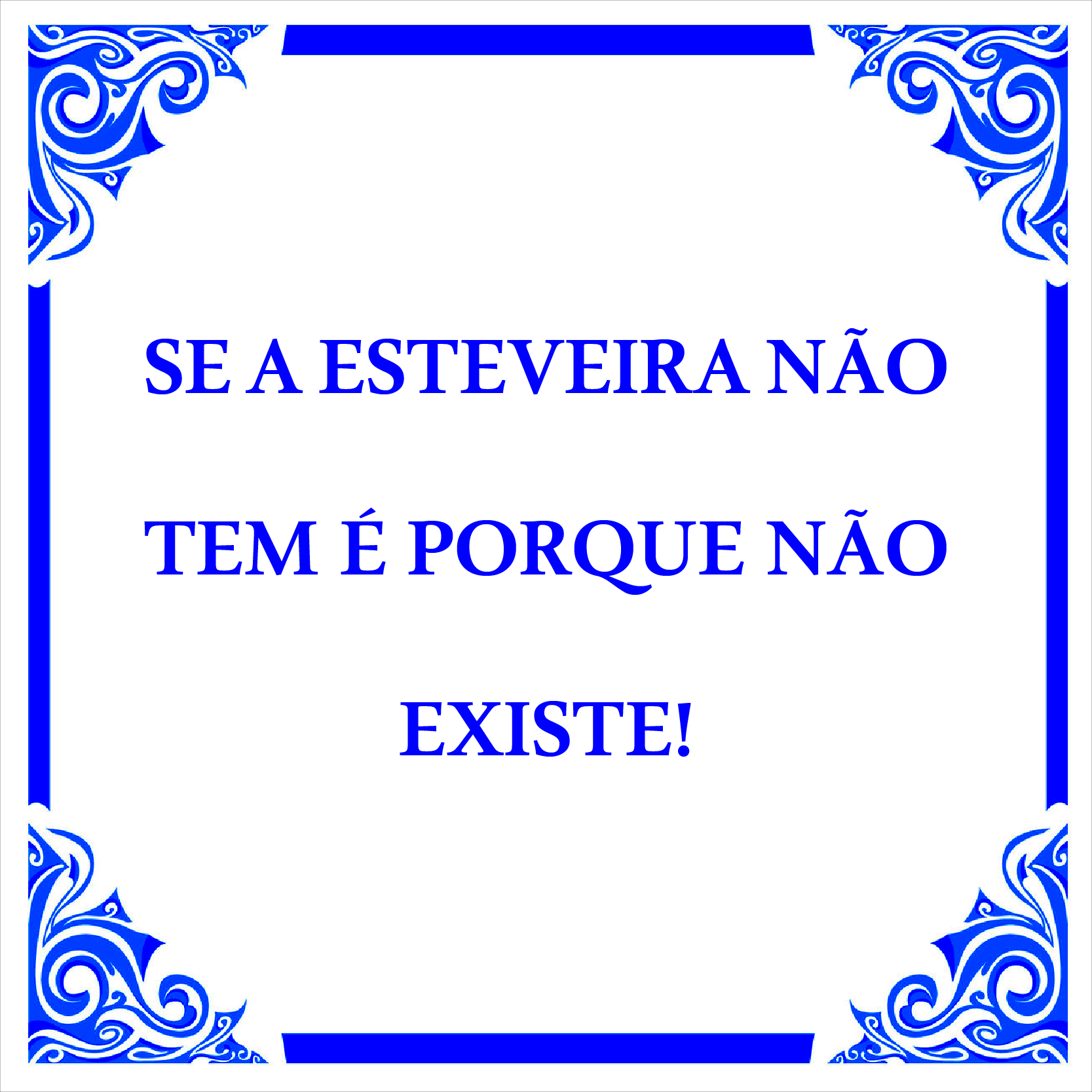 Azulejo branco com padrões azuis e texto em azul