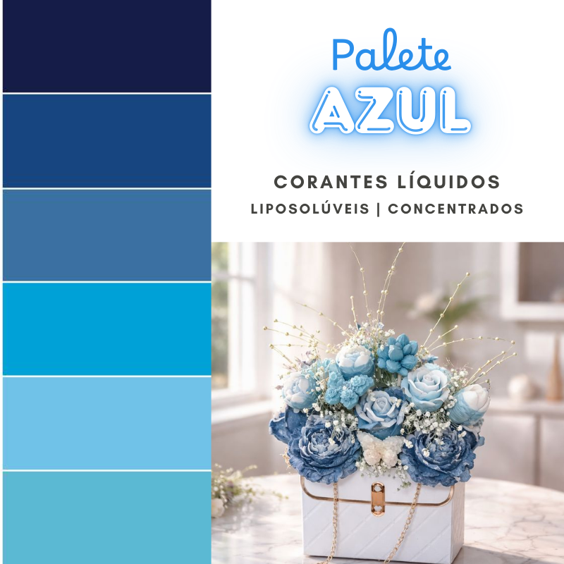Palete azul com amostras de cor e flores artificiais azuis em vaso branco decorativo
