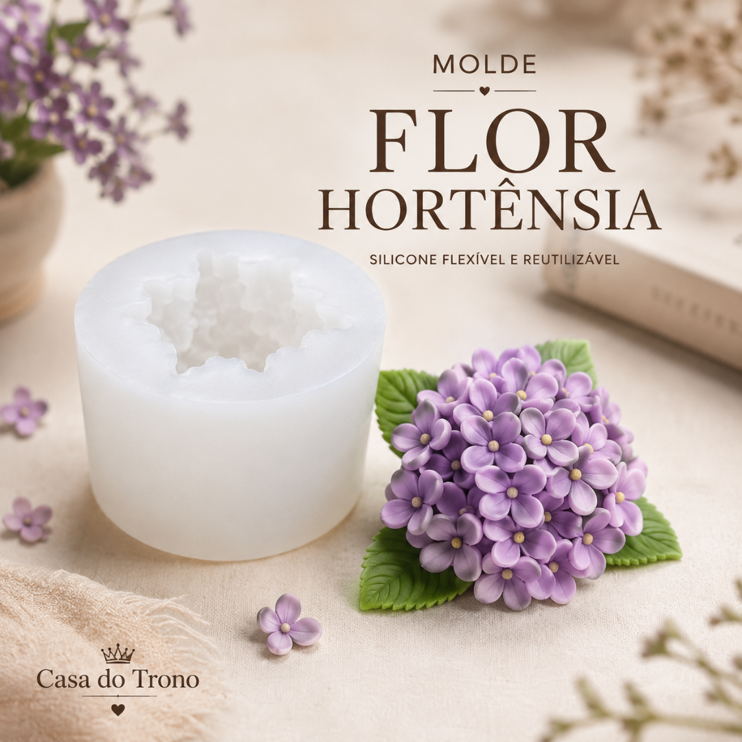 Molde de silicone para flor hortênsia lilás com folhas verdes sobre tecido bege
