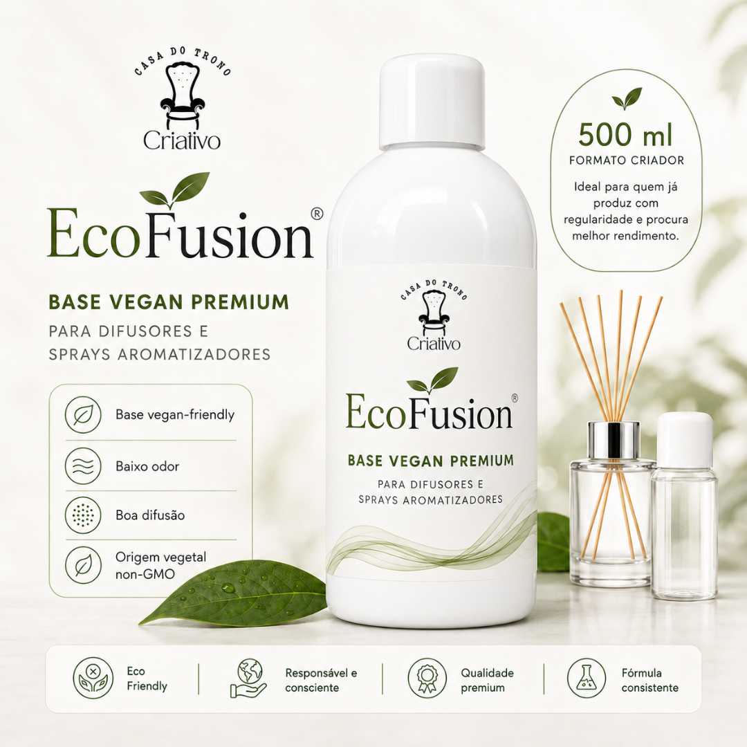 Frasco EcoFusion Base Vegan Premium com difusor de varetas e frasco pequeno ao lado, texto em português e temas de sustentabilidade.