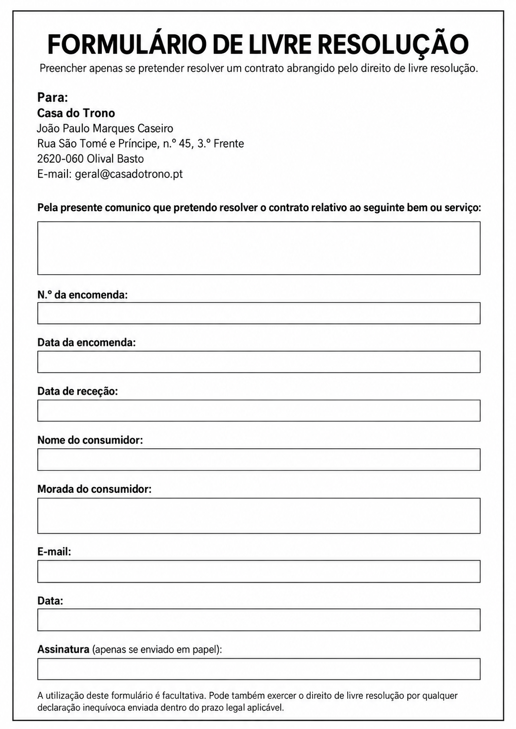 Formulario de Livre Resolu&ccedil;&atilde;o