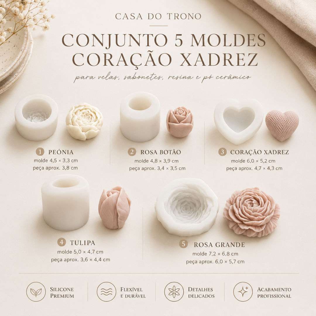Conjunto de 5 moldes de silicone com formas de flores e coração em tons suaves, dispostos sobre fundo bege claro.