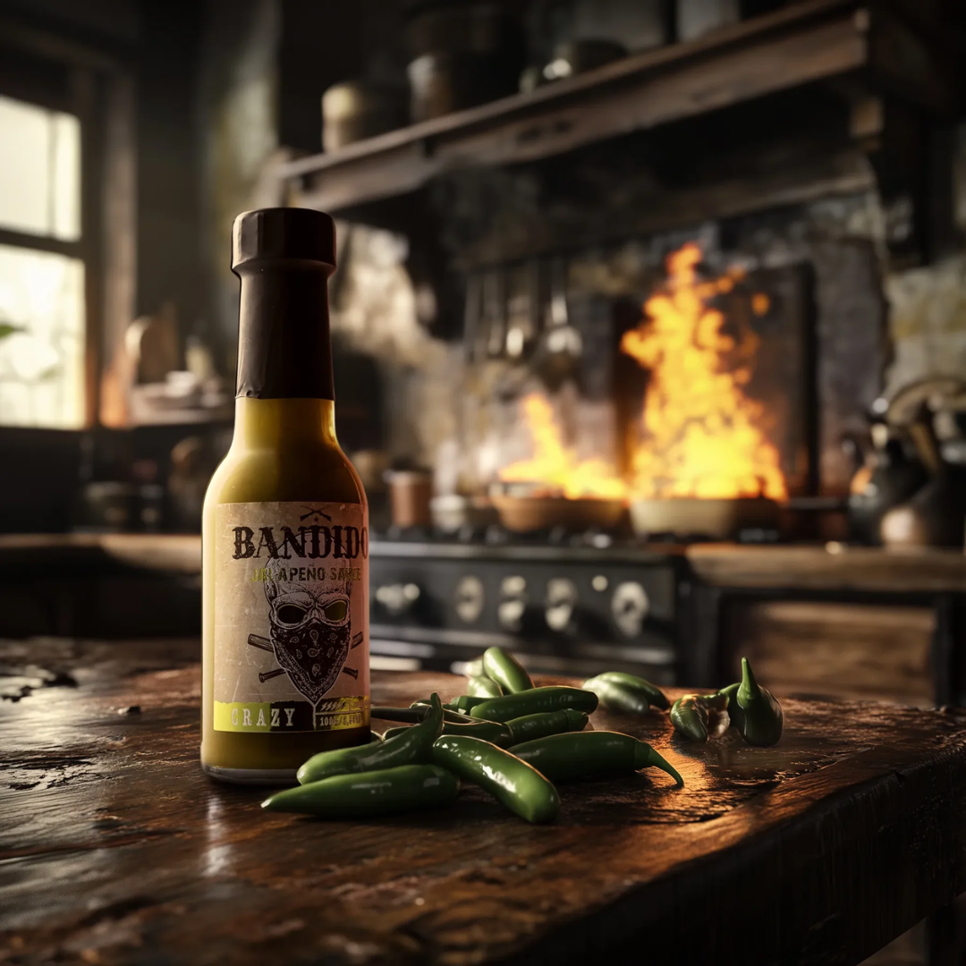 Garrafa de molho jalapeño com malaguetas verdes numa mesa de madeira em cozinha rústica