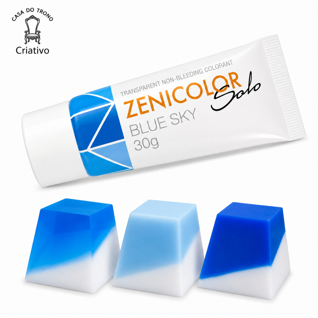 Tubeta de colorante azul Zenicolor Solo Blue Sky com três formas trapezoidais azuis e brancas.