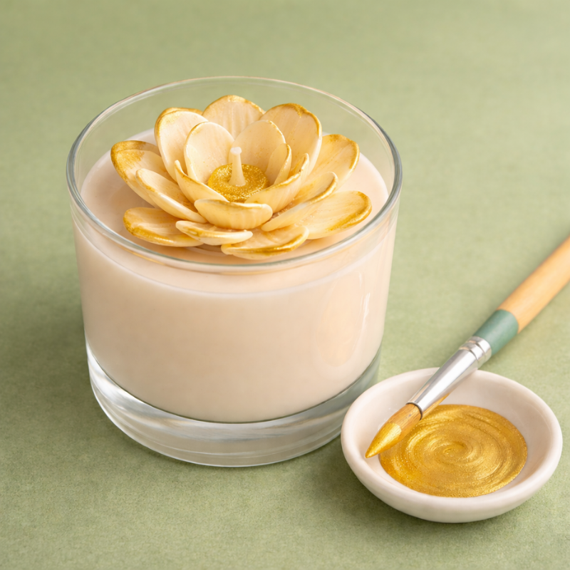 Vela creme em vidro com flor decorativa dourada e pincel com tinta dourada