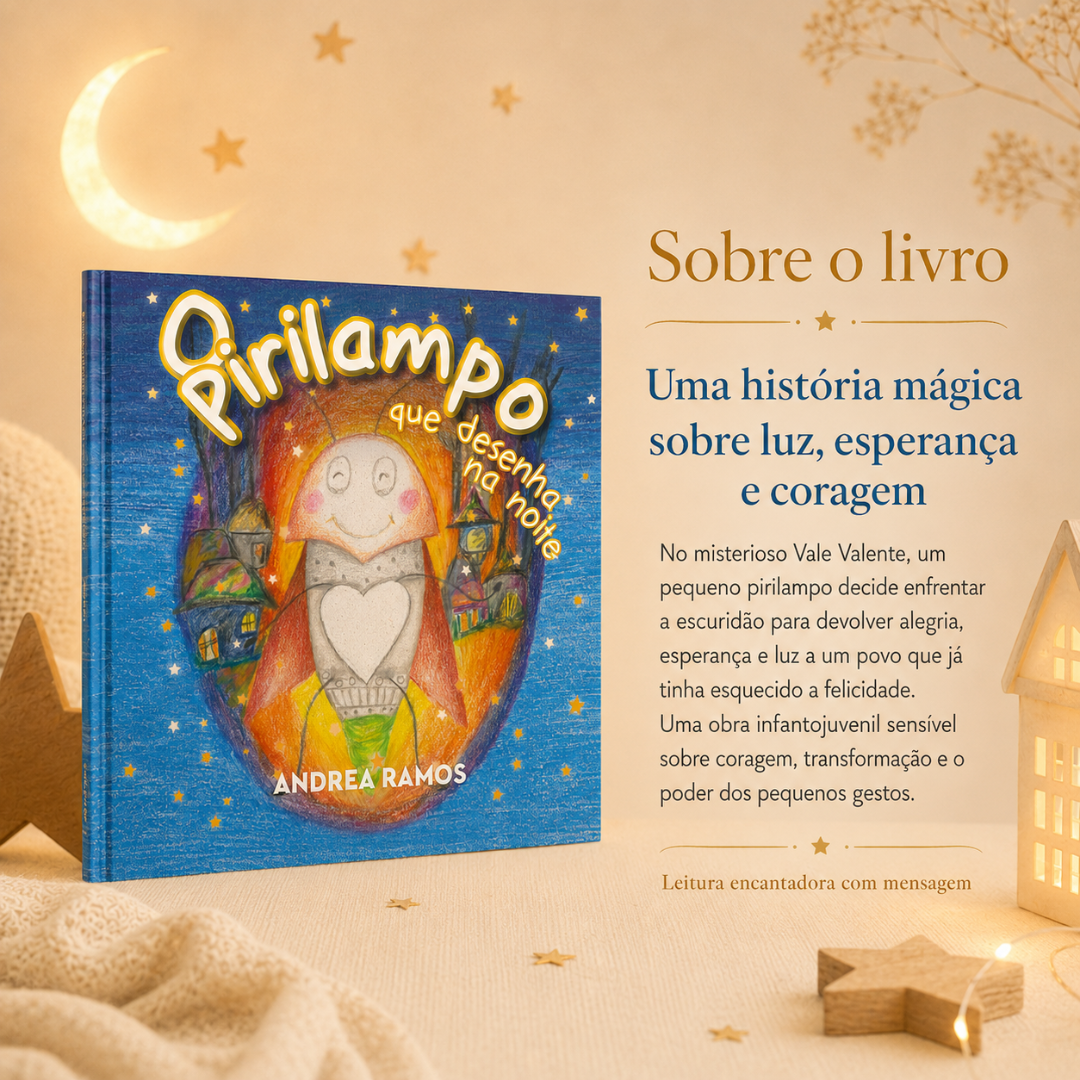 Livro infantil O pirilampo que desenha na noite sobre uma superfície com decoração de estrelas e luz suave