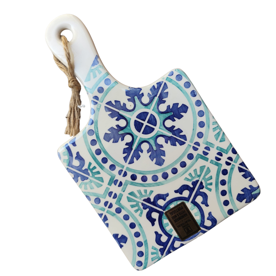 Tábua de corte em cerâmica decorativa azul e verde com cordão