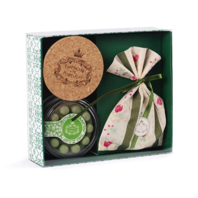 Conjunto presente com frasco e saco de tecido floral