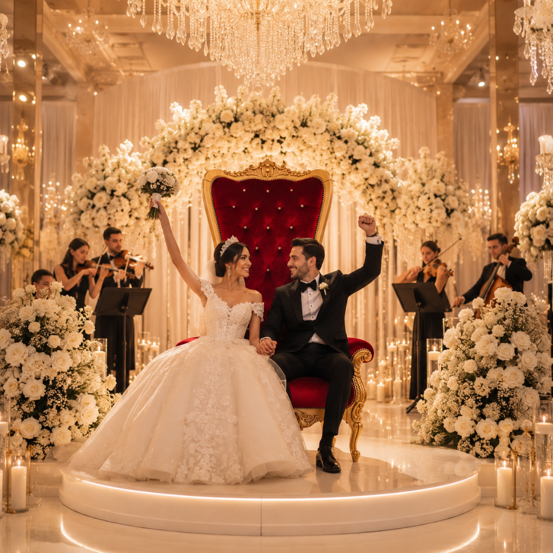 Noivos sentados num trono vermelho com moldura dourada, vestidos de casamento, rodeados por flores brancas e músicos a tocar.