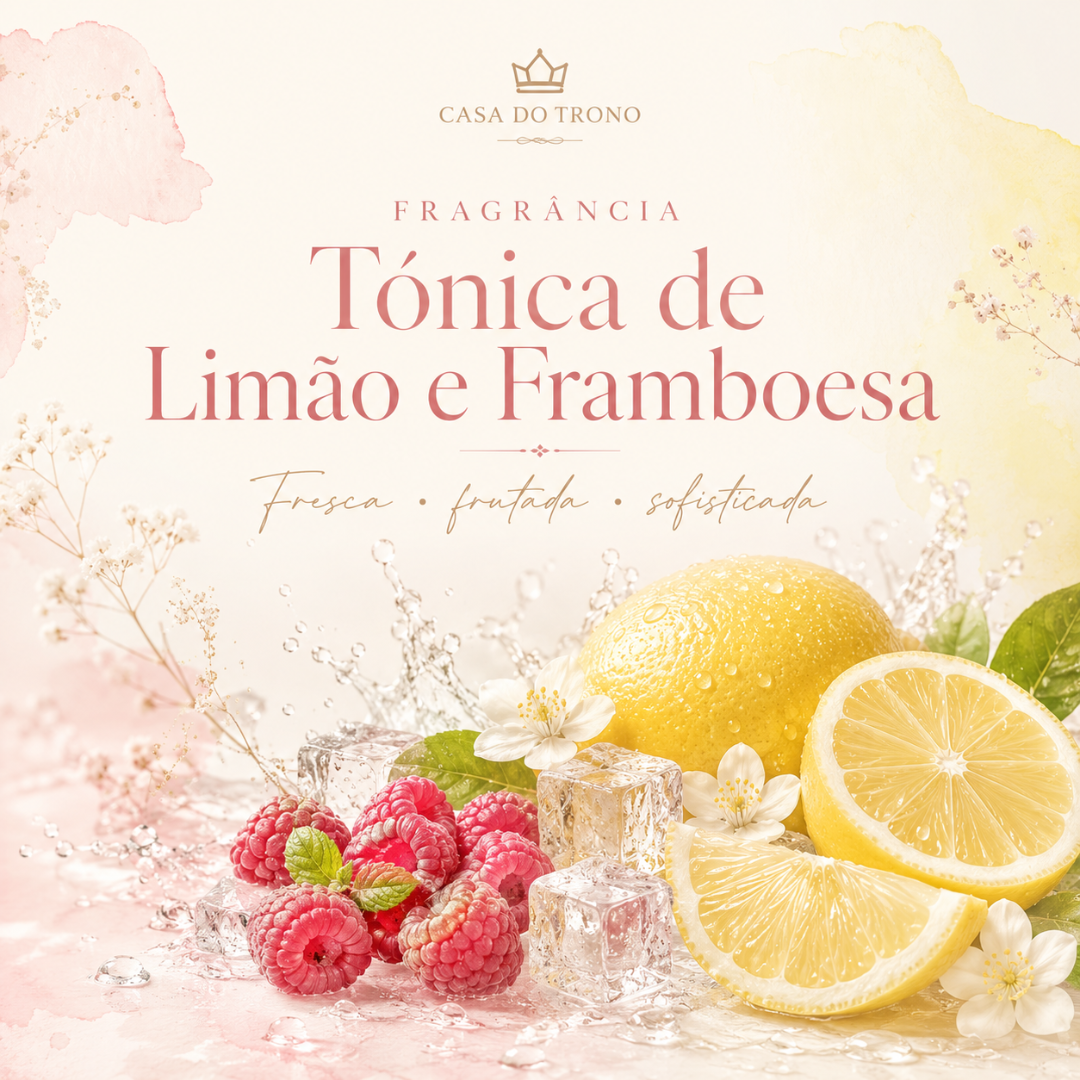 Imagem promocional fragrância Tónica de Limão e Framboesa com limões, framboesas e gelo