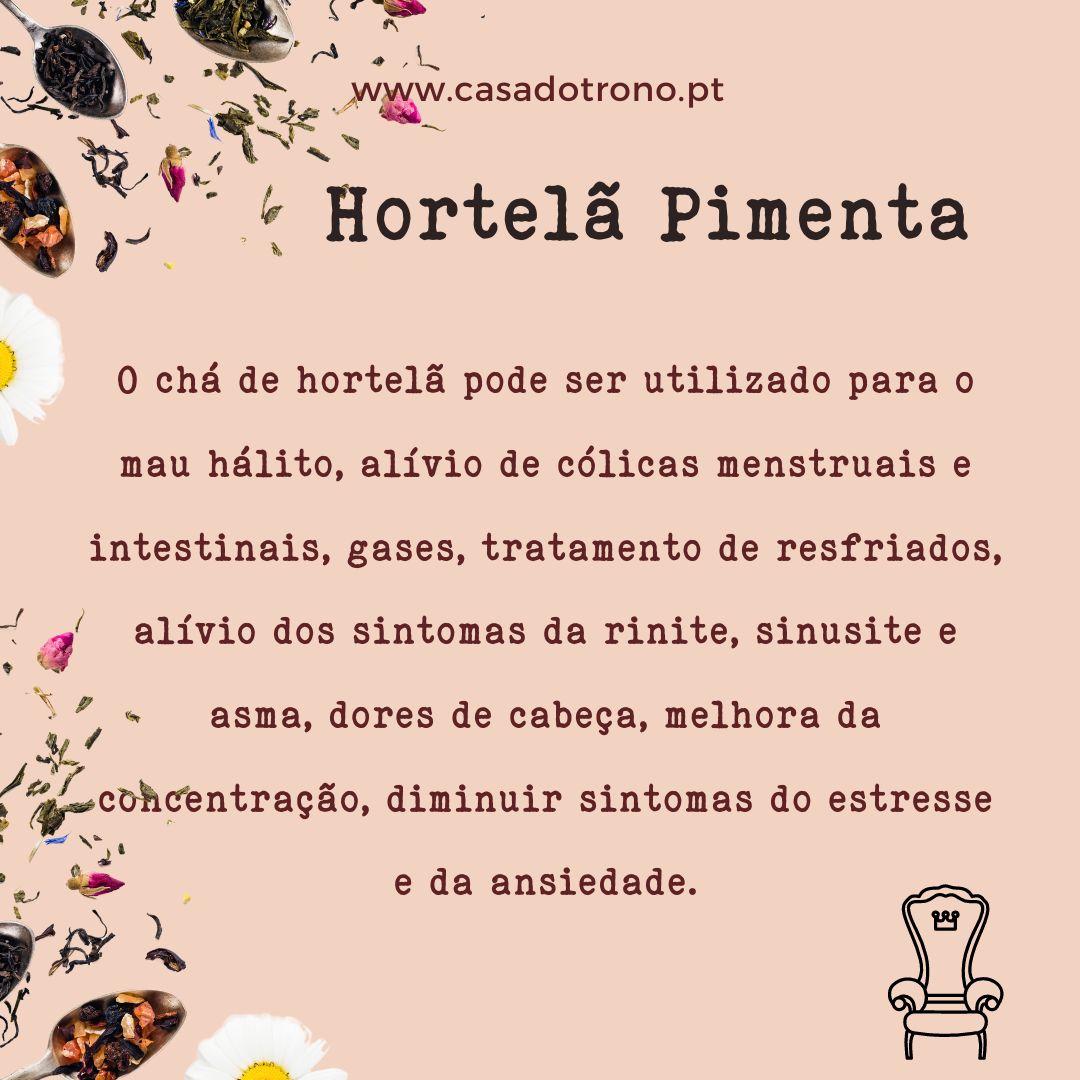 Texto sobre hortelã-pimenta com elementos decorativos naturais e URL www.casadotrono.pt