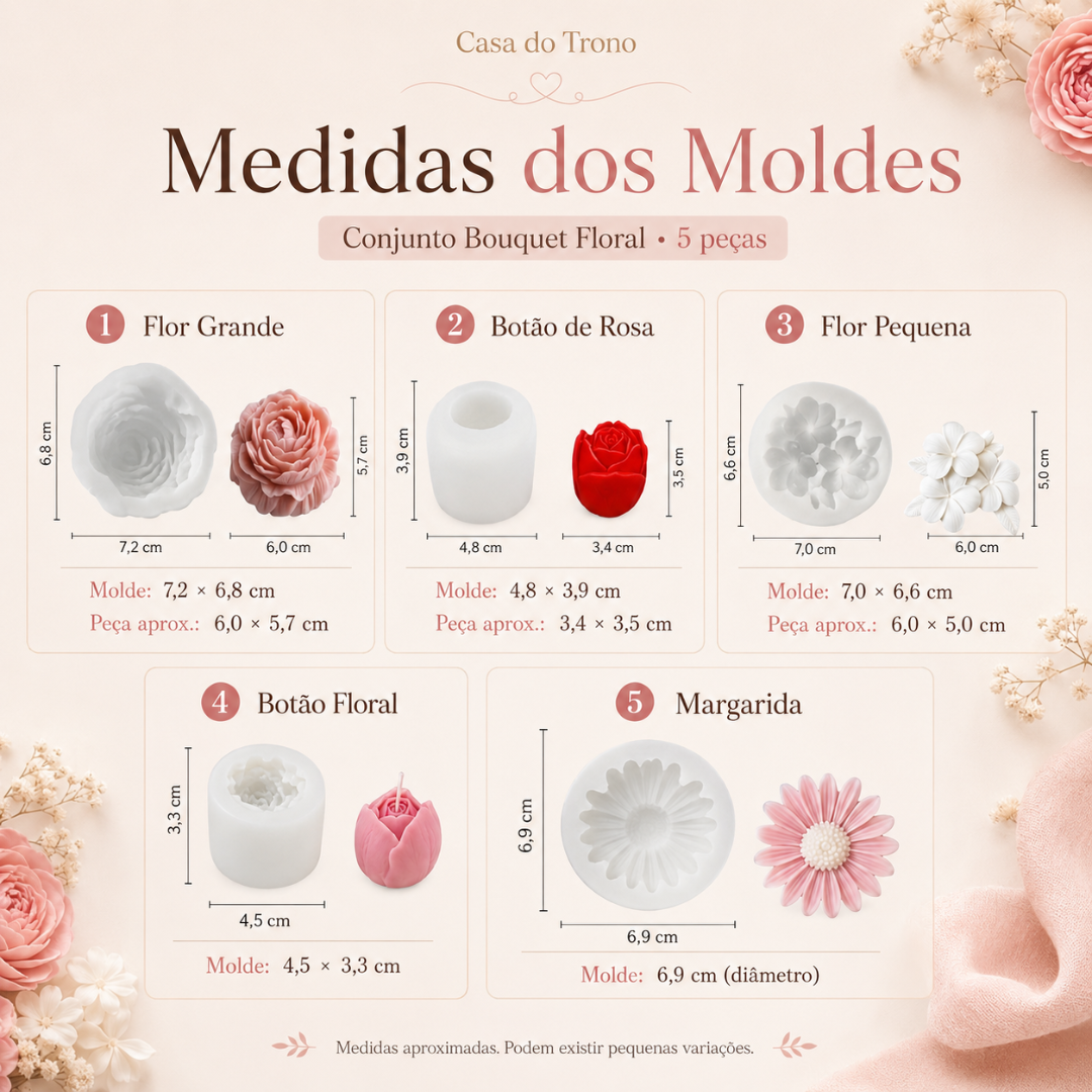 Conjunto de moldes e peças florais com medidas em cm, fundo bege claro com flores decorativas