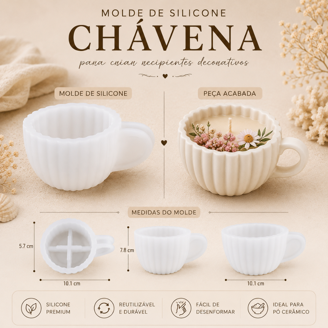 Molde de silicone branco para chávena com vela decorativa, dimensões e características técnicas descritas