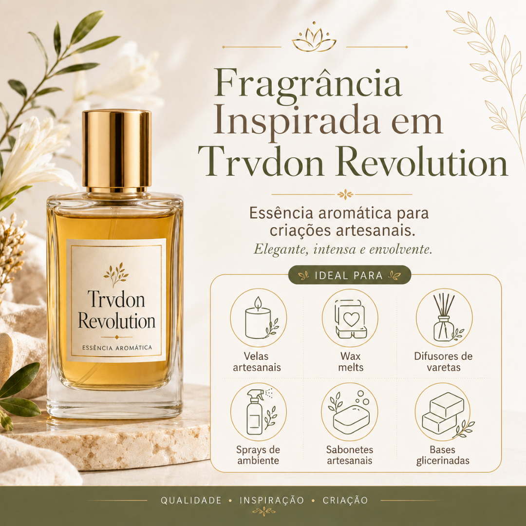 Fragrância Trvdon Revolution em frasco de vidro âmbar com tampa dourada e etiqueta branca.